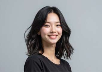 Fototapeta premium Indonesian woman with medium wavy hair and fall 2025 fashion, standing gracefully in a modern grey studio environment