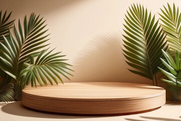 Fototapeta premium Wooden cut podium on beige background with palm tree shadow. Stand for the presentation of beauty products, cosmetics
