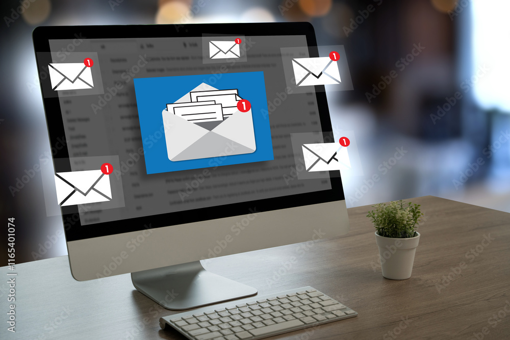 Poster reply the message email on computer businessman is working to important reminder