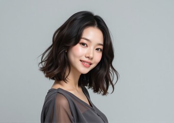 Fototapeta premium Indonesian woman with soft wavy hair, trendy fall 2025 attire, confidently striking a pose in a grey-toned studio