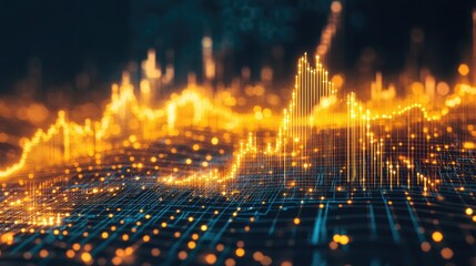 A digital gold price graph with bold upward trend lines, glowing in golden tones against a black background, symbolizing market analysis