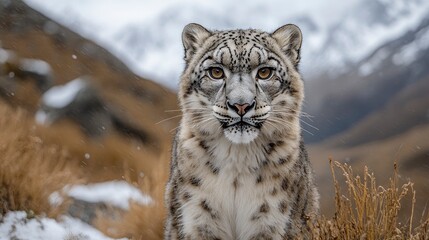 Fototapeta premium Snow leopard conservation project, camera trap image in mountain habitat