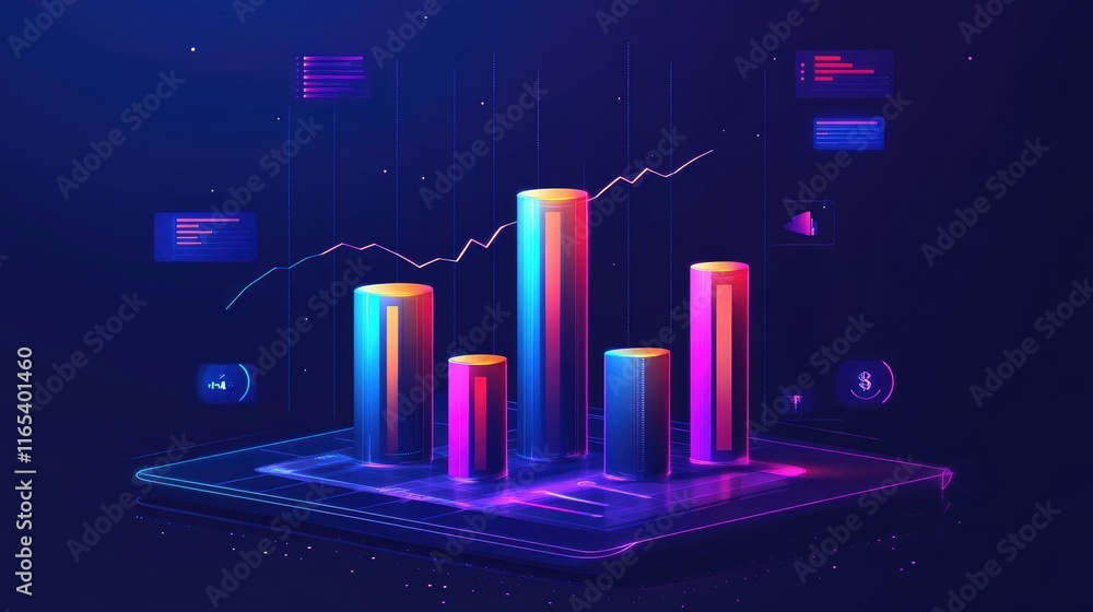 Poster a dynamic d bar chart with segmented, glowing bars representing different financial data points, set