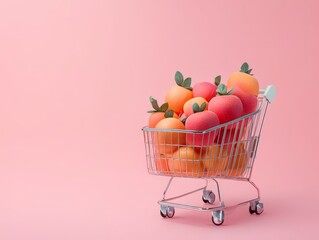 A shopping cart filled with colorful fruits against a pink background.