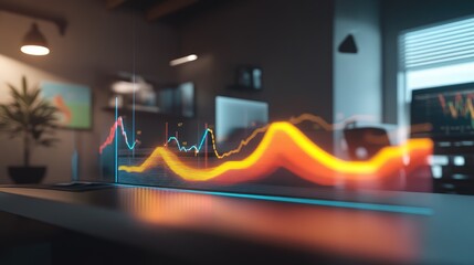 A dynamic financial graph with colorful lines and glowing bars, illustrating business growth over time, set in a modern digital workspace.