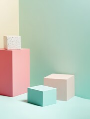 A minimalist arrangement of pastel-colored geometric blocks against a gradient background.