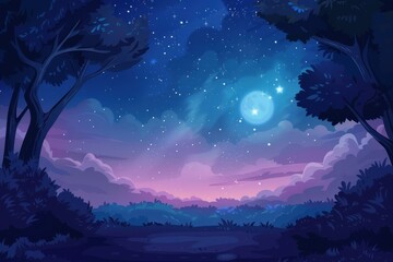 Nighttime Forest Scene with Full Moon and Stars