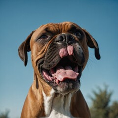 Obraz premium A boxer with its tongue out standing under a bright blue sky.