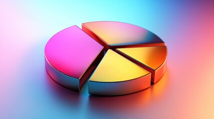 Obraz premium A glossy D pie chart with bold, metallic sections, slightly separated to emphasize each data category, on a gradient background with light reflections.