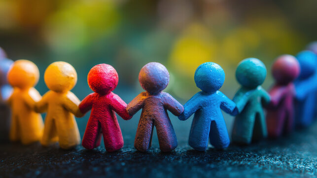 Colorful clay figures holding hands in unity