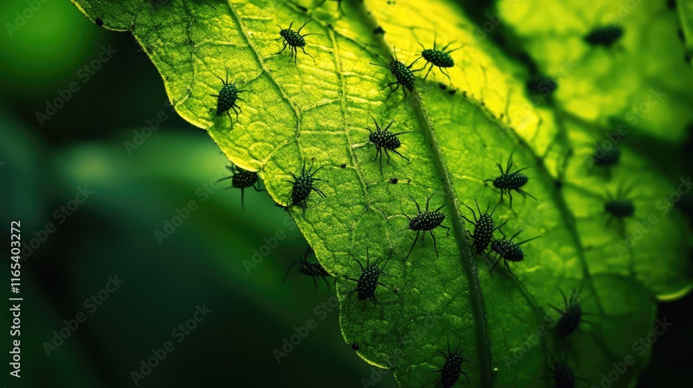 Poster a group of tiny aphids feeding on a leaf, the close-up view highlighting their size in contrast to t
