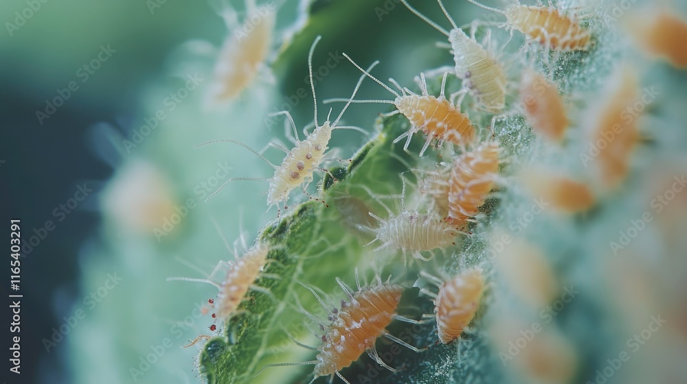 Poster a group of tiny aphids feeding on a leaf, the close-up view highlighting their size in contrast to t