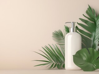 A minimalist scene featuring a white pump bottle surrounded by tropical leaves.