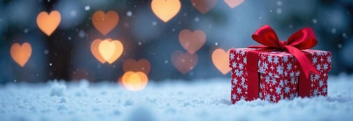 Obraz premium A beautifully wrapped Christmas present adorned with a vibrant red ribbon is gently resting in the pristine white snow, creating a lovely scene
