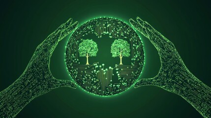 Glowing green hands hold a digital sphere with trees, symbolizing sustainable technology.