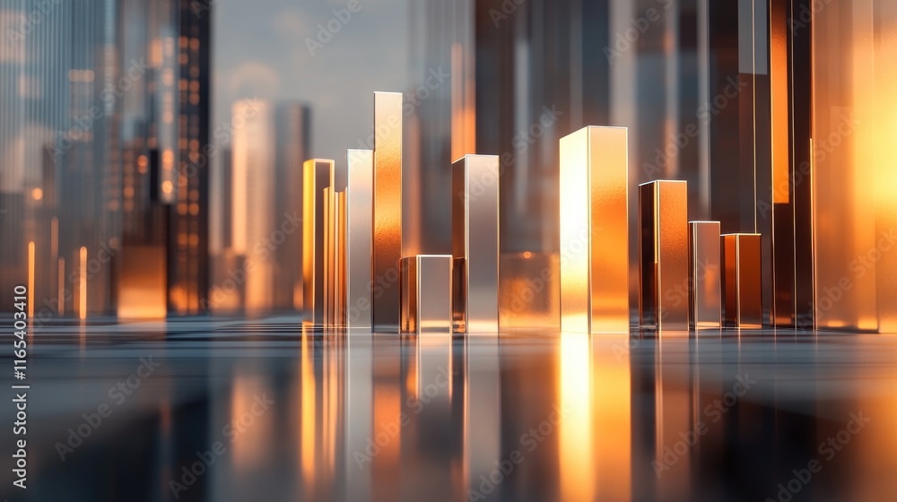 Poster a high-tech d financial bar chart with metallic bars rising from a sleek surface, showing financial 