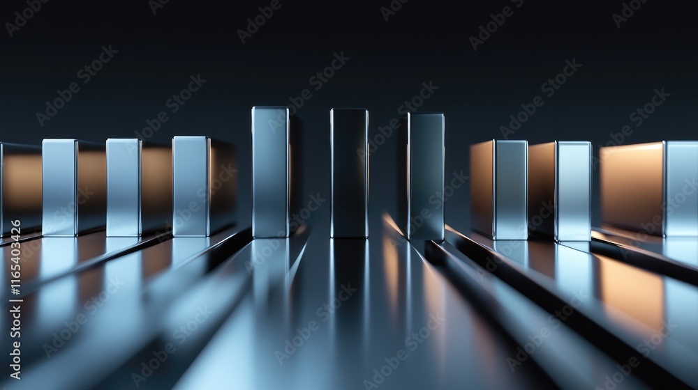 Poster a high-tech d financial bar chart with metallic bars rising from a sleek surface, showing financial 