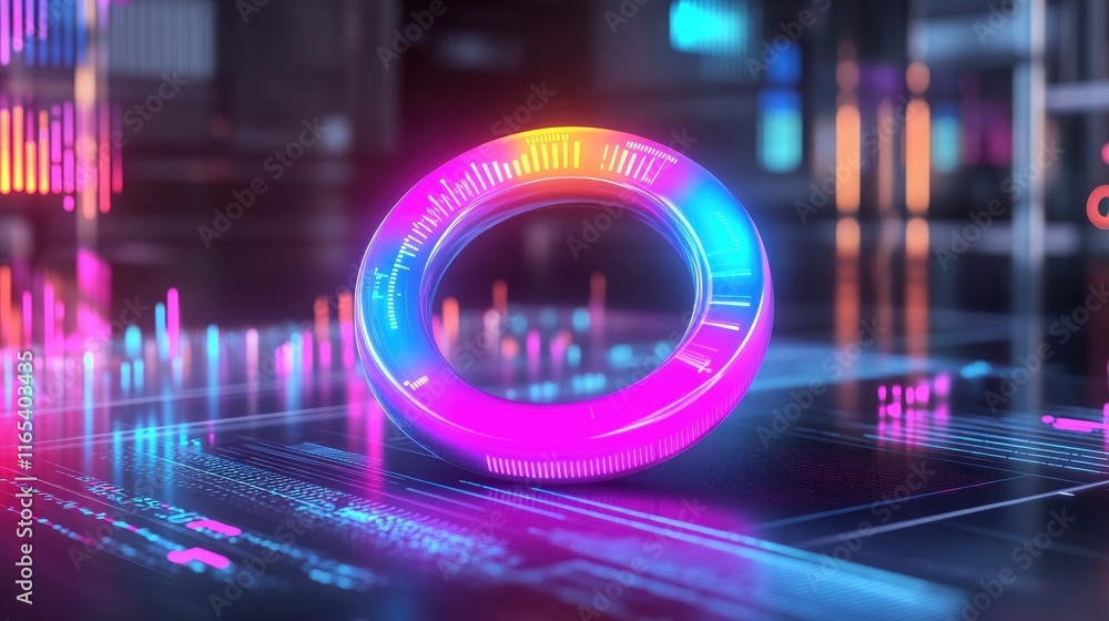 Poster A high-tech D donut chart with neon-colored segments rotating around a central axis, surrounded by digital data points in a futuristic space.