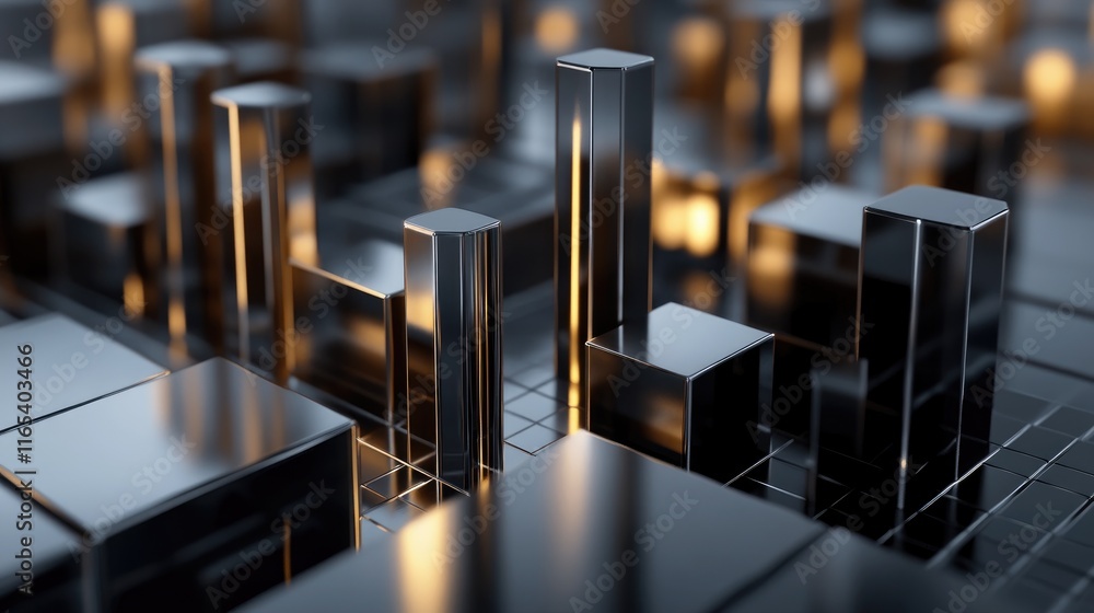 Poster a high-tech d financial bar chart with metallic bars rising from a sleek surface, showing financial 