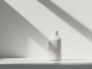 A minimalist white bottle stands on a shelf, casting shadows against a light background.