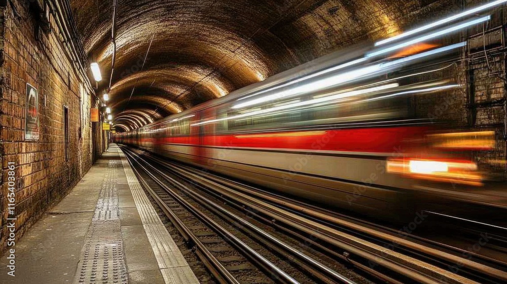 Poster a long exposure image capturing a train speeding through a subway tunnel, with motion blur effects c