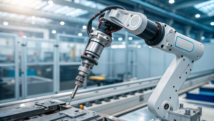 close up of robotic arm with precision tool in industrial setting, showcasing advanced technology and automation. scene conveys innovation and efficiency
