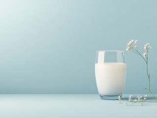 A glass of milk beside delicate flowers on a soft blue background.