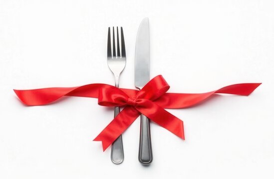 A lovely and romantic dining setup featuring a fork, knife, heart shape, and a beautiful ribbon - Powered by Adobe