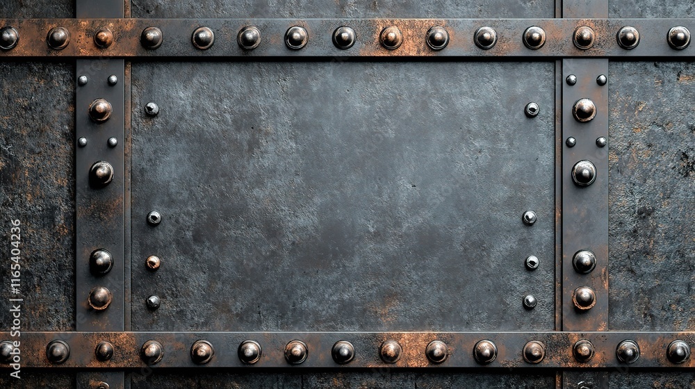 Poster intricate metal frame with rivets forming a unique design pattern
