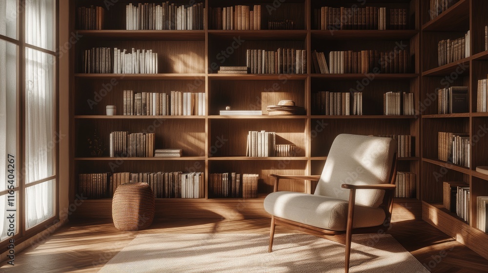 Poster a minimalist home library with a simple bookcase, a few neatly arranged books, and a comfortable cha