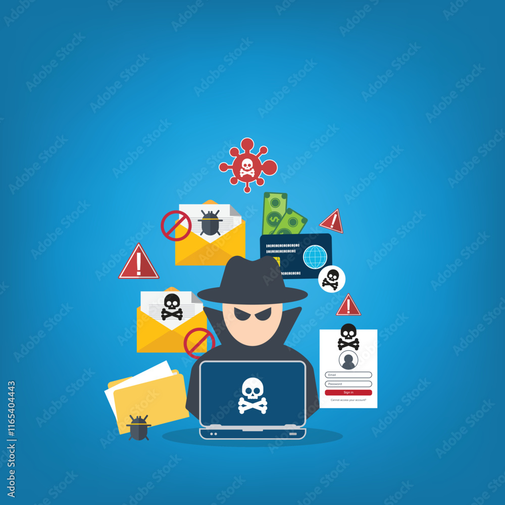 Poster hacker with laptop computer stealing confidential data, personal information and credit card detail.