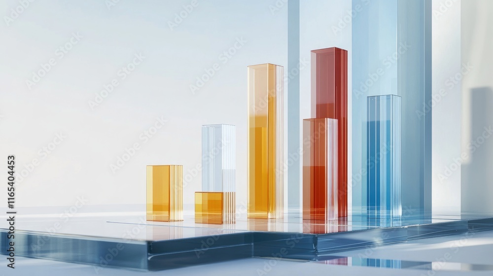 Poster a modern d bar chart with segmented, transparent bars floating above a financial data surface, showc