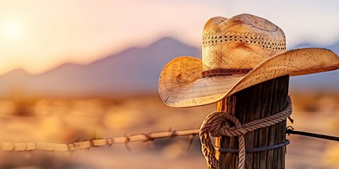 National Hat Day.Rustic cowboy boots on a wooden fence with a warm sunset background.