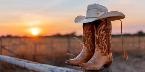 National Hat Day.Rustic cowboy boots on a wooden fence with a warm sunset background.