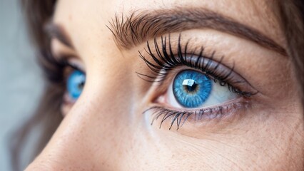 Obraz premium Close-up of a woman’s captivating blue eyes with long eyelashes and natural beauty