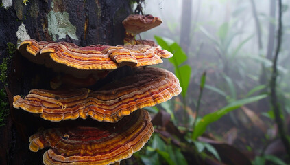 Slender, red-gold wild reishi mushrooms growing on an old tree trunk in a dense rainforest on a misty morning.