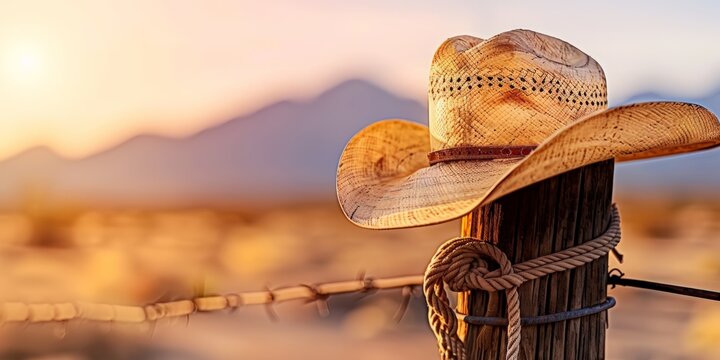 Naklejki National Hat Day.Rustic cowboy boots on a wooden fence with a warm sunset background.