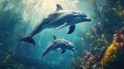 Obraz premium A mother dolphin swimming closely with her calf, showcasing their bond in the crystal-clear waters, surrounded by vibrant underwater vegetation