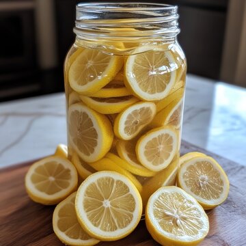 Lemon halves in collinder on table.