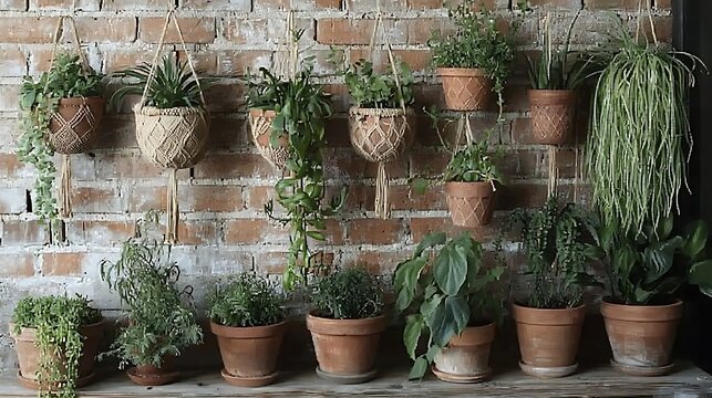 Various potted plants with terracotta pots hanging and sitting on a brick wall.