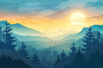 Obraz premium Mountain Silhouette with Sunset and Pine Trees