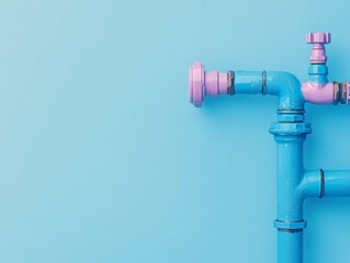 Colorful plumbing pipes against a blue background, showcasing industrial design.