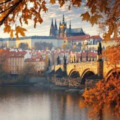 Obraz premium View on Prague Castle and Charles Bridge, Czechia
