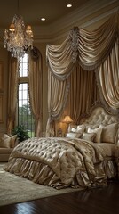 Opulent Master Bedroom with Four-Poster Canopy Bed, Crystal Chandelier, and Velvet Upholstery