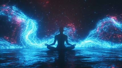 Silhouette of a person meditating amidst vibrant, cosmic energy.  Peaceful, serene, and spiritual.