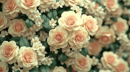 Fototapeta premium Peach roses and small white flowers.