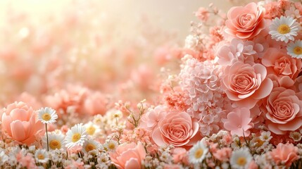 Peach roses and daisies in sunlit field.
