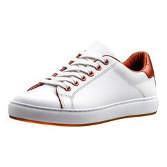 [Casual Red Accented White Sneakers] Close-up White Sneaker with Distressed Details, Black Background, Casual Style Shoes, Red Accents, Brown Rubber Sole