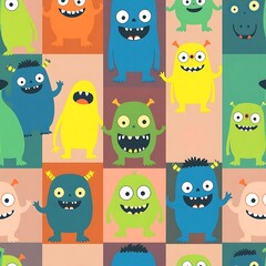 Obraz premium Happy Monsters Pattern: A cheerful, colorful seamless pattern featuring a variety of cute, friendly monsters in various colors and poses. Perfect for kids' apparel, fabric, and playful designs.