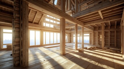 Fototapeta premium Wooden frame of new under construction house